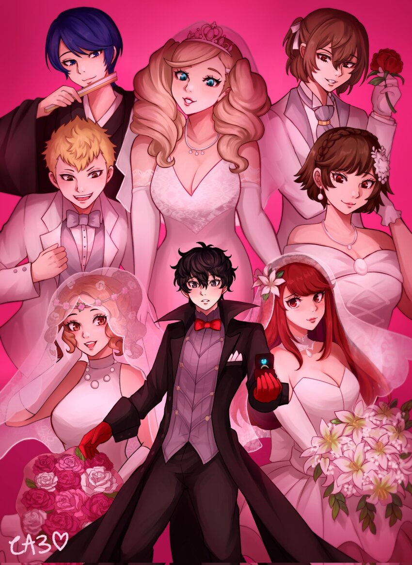 4boys, 4girls, adapted_costume, akechi_gorou, amamiya_ren, bisexual_male, black_hair, blonde_hair, blue_hair, bouquet, braid, breasts, bridal_veil, brown_hair, cleavage, crazyanime3, crown_braid, dress, flower, folding_fan, formal_clothes, hand_fan, harem, highres, holding, holding_bouquet, japanese_clothes, jewelry, joker_(persona_5), kimono, kitagawa_yuusuke, large_breasts, matching_hair/eyes, medium_breasts, montsuki, multiple_boys, multiple_girls, niijima_makoto, okumura_haru, persona, persona_5, persona_5_tactica, polygamy, red_eyes, red_hair, ring, sakamoto_ryuuji, smile, suit, takamaki_anne, tiara, tuxedo, twintails, veil, wedding_dress, wedding_ring, white_dress, white_suit, yoshizawa_kasumi