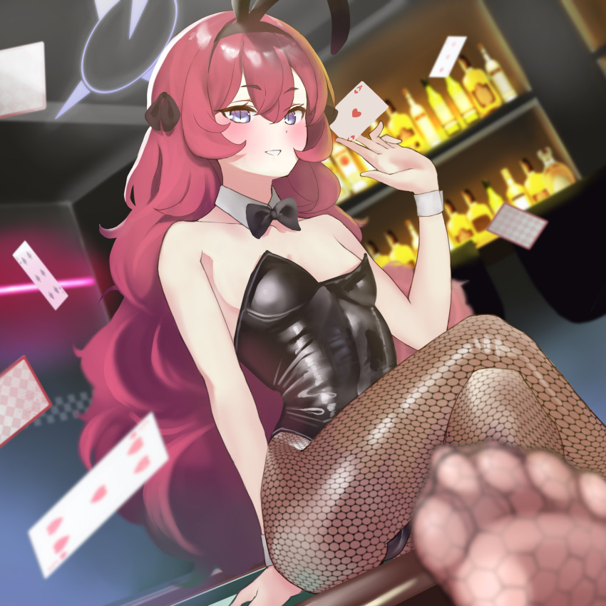 1girl, alcohol, alternate_costume, animal_ears, bar_(place), bare_shoulders, black_bow, black_bowtie, black_leotard, blue_archive, blue_halo, blurry, blurry_background, blurry_foreground, blush, bottle, bow, bowtie, card, collar, commentary_request, crossed_legs, depth_of_field, detached_collar, fake_animal_ears, feet, fishnet_pantyhose, fishnets, flat_chest, foreshortening, hair_between_eyes, halo, heart_card, highres, holding, holding_card, indoors, iroha_(blue_archive), kitsune_(w1lm1), leotard, long_hair, looking_at_viewer, open_mouth, pantyhose, partial_commentary, playboy_bunny, purple_eyes, rabbit_ears, red_hair, sitting, slit_pupils, soles, solo, strapless, strapless_leotard, toes, very_long_hair, wavy_hair, white_collar, white_wrist_cuffs, wine_bottle, wrist_cuffs