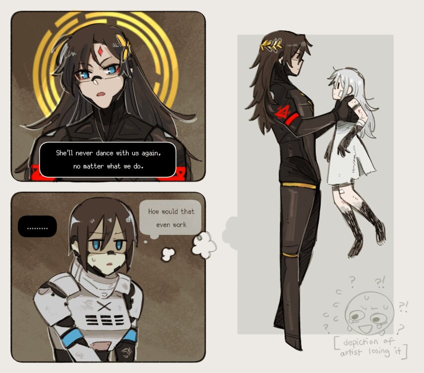 !?, ..., 3girls, android, ange_(angeban93), ariane_yeong, armor, black_hair, blue_eyes, commentary, elster_(signalis), english_commentary, english_text, facial_mark, falke_(signalis), forehead_mark, hair_between_eyes, halo, height_difference, highres, joints, laurel_crown, lifting_person, long_hair, mechanical_arms, mechanical_legs, multiple_girls, robot_joints, short_hair, shoulder_armor, signalis, speech_bubble, sweatdrop, tall_female, tank_top, white_hair