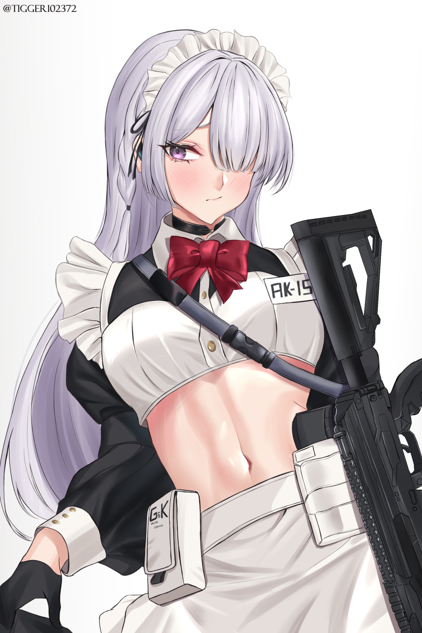 1girl, absurdres, ak-15, ak-15_(girls'_frontline), alternate_costume, apron, artist_name, assault_rifle, black_choker, black_gloves, bow, bowtie, braid, choker, commentary, crop_top, enmaided, girls'_frontline, gloves, grey_hair, gun, hair_over_one_eye, half_gloves, highres, kalashnikov_rifle, long_hair, maid, maid_apron, maid_headdress, midriff, navel, puffy_sleeves, rifle, tigger_drawing, weapon