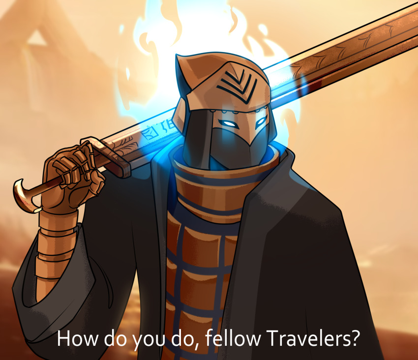 1other, absurdres, adsurgitvagus, black_robe, commentary, day, english_commentary, english_text, fire, gauntlets, helmet, highres, holding, holding_sword, holding_weapon, how_do_you_do_fellow_kids_(meme), meme, outdoors, over_shoulder, robe, sword, sword_of_the_sea, upper_body, weapon, weapon_over_shoulder, wraith_(sword_of_the_sea)