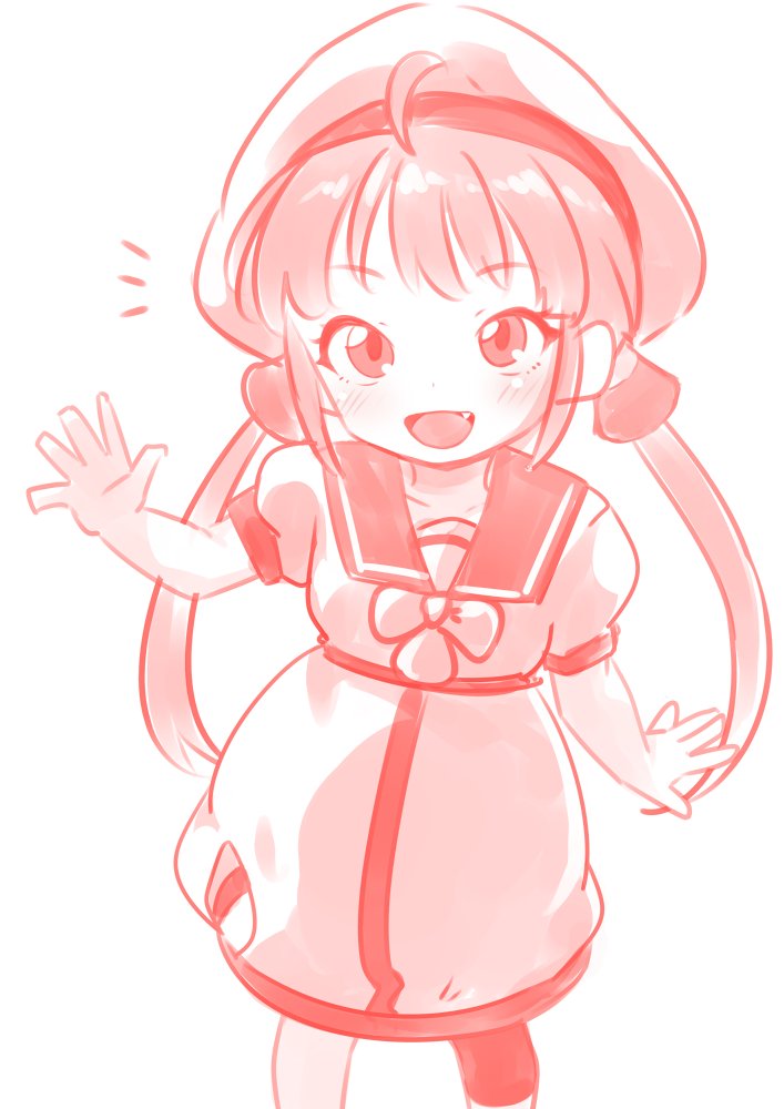 1girl, bow, bowtie, dress, fang, feet_out_of_frame, hat, kaiboukan_no._22_(kancolle)