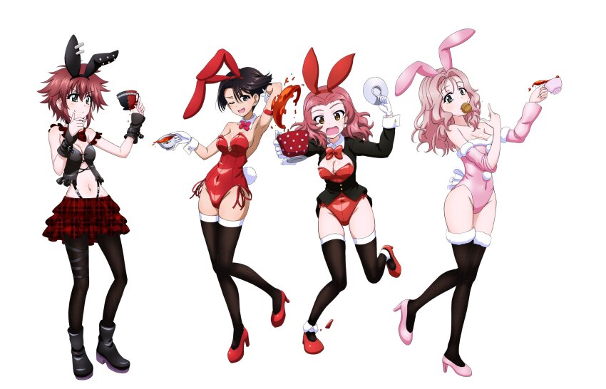 4girls, absurdres, animal_ears, armpits, black_pantyhose, black_thighhighs, blush, boots