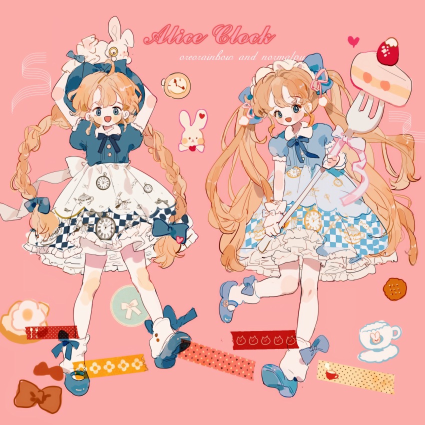 2girls, accurate_lolita_coord, ahoge, alice's_adventures_in_wonderland, animal, animal_on_head, ankle_socks, apron, arms_up, back_bow, belt_buckle, blonde_hair, bloomers, blue_bow, blue_bowtie, blue_eyes, blue_footwear, blue_headwear, blue_shirt, blue_skirt, blush_stickers, bow, bow_legwear, bowtie, braid, bread, bread_slice, brown_bow, buckle, buttons, cake, cake_slice, checkered_clothes, checkered_skirt, chinese_commentary, clock_print, collar, collared_shirt, commentary_request, cookie, eyelashes, eyeshadow, food, fork, fried_egg, frilled_hairband, frilled_skirt, frilled_sleeves, frills, fruit, full_body, hair_bow, hair_ornament, hair_ribbon, hairband, hands_on_animal, hat, heart, highres, holding, holding_fork, icing, lolita_fashion, lolita_hairband, long_hair, looking_at_viewer, low_twin_braids, makeup, mary_janes, miniskirt, monocle, multiple_girls, on_head, open_mouth, original, oversized_object, petticoat, pink_background, pink_bow, pink_ribbon, pom_pom_(clothes), pom_pom_hair_ornament, puffy_short_sleeves, puffy_sleeves, putong_xiao_gou, rabbit, rabbit_on_head, red_bow, ribbon, ribbon-trimmed_skirt, ribbon_trim, round_eyewear, shirt, shoes, short_sleeves, skirt, skirt_bow, smile, socks, strawberry, toast, twin_braids, twintails, underwear, very_long_hair, waist_apron, white_apron, white_bloomers, white_bow, white_collar, white_hairband, white_skirt, white_socks, white_wrist_cuffs, wrist_bow, wrist_cuffs, yellow-framed_eyewear