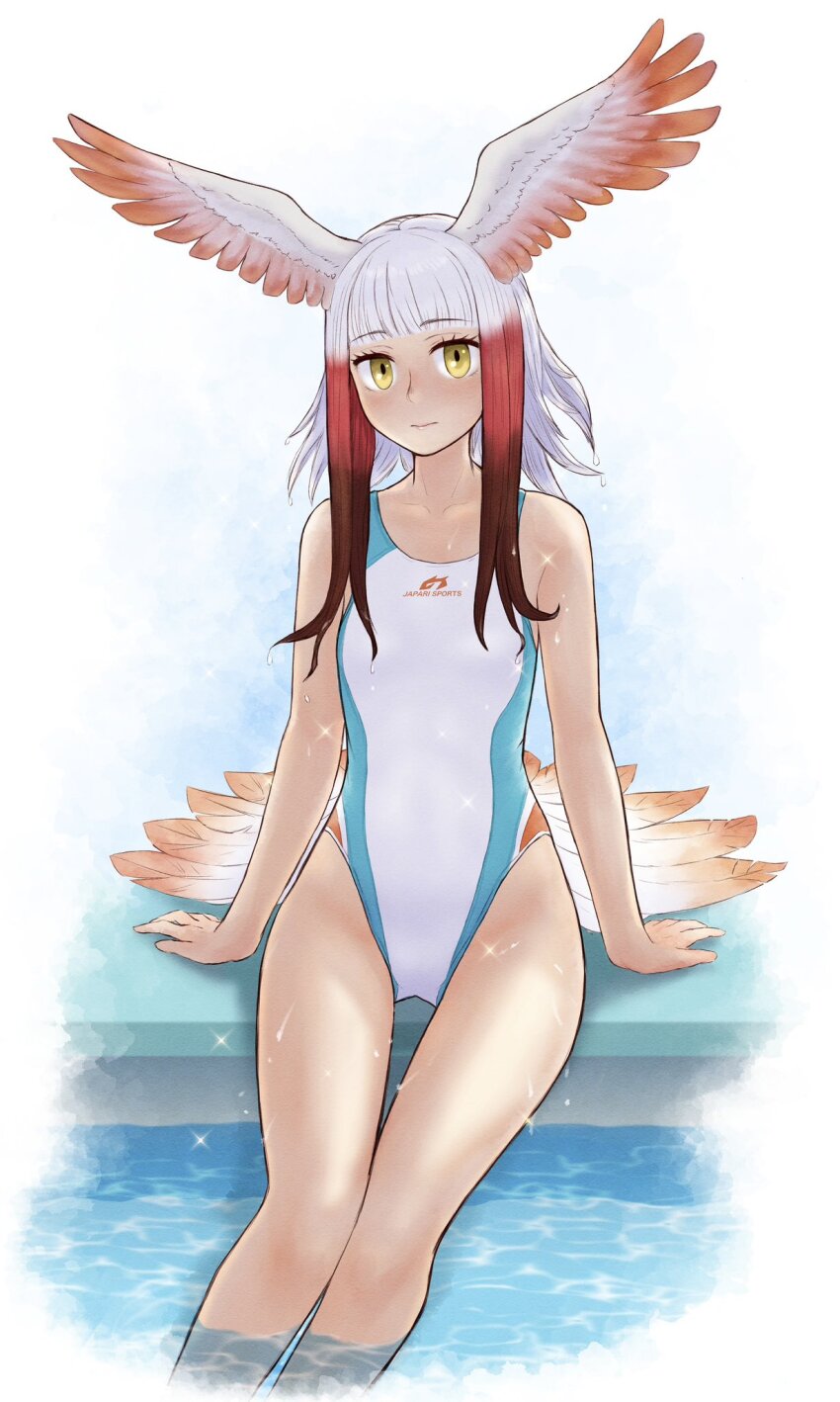1girl, alternate_costume, aotsuki_tsutome, bare_arms, bare_legs, bare_shoulders, bird_girl, bird_tail, bird_wings, blue_one-piece_swimsuit, blunt_bangs, blush, collarbone, competition_swimsuit, head_wings, highres, japanese_crested_ibis_(kemono_friends), japari_symbol, kemono_friends, multicolored_hair, one-piece_swimsuit, pool, red_hair, short_hair, sidelocks, sitting, solo, sparkle, swimsuit, tail, two-tone_one-piece_swimsuit, water, white_hair, white_one-piece_swimsuit, wings, yellow_eyes
