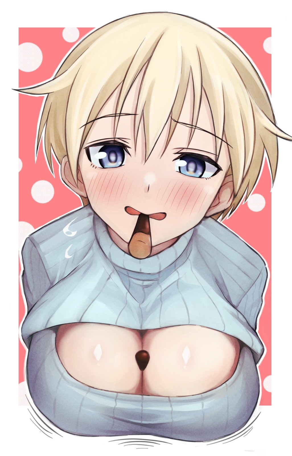 1girl, blonde_hair, blue_eyes, blue_sweater, blush, bouncing_breasts, brave_witches, breasts, cleavage, cleavage_cutout, clothing_cutout, female_focus, food, highres, large_breasts, looking_at_viewer, mouth_hold, nikka_edvardine_katajainen, open_mouth, pocky, pocky_day, short_hair, solo, sweater, tama_kitsune, world_witches_series