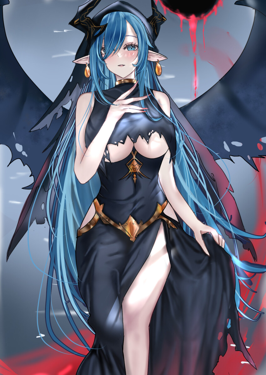azur_lane, black_cloak, black_dress, black_hole, black_horns, black_wings, blood, blue_eyes, blue_hair, blush, breasts, cloak, dismaer, dress, dress_around_one_leg, earrings, fingernails, floating_earrings, gold_earrings, gold_trim, hair_over_one_eye, hand_on_breasts, highres, holding, holding_unworn_clothes, horns, jewelry, large_breasts, long_hair, mary_celeste_(azur_lane), mary_celeste_(grim_night's_reaper)_(azur_lane), official_alternate_costume, pink_nails, pointy_ears, torn_clothes, underboob, very_long_hair, wings
