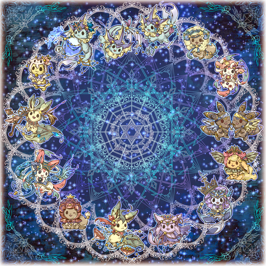 :3, animal, animal_costume, animal_focus, aquarius_(zodiac), aries_(zodiac), artistic_error, border, cancer_(zodiac), capricorn_(zodiac), clothed_animal, clothed_pokemon, eevee, fading_border, flareon, gemini_(zodiac), gen_1_pokemon, gen_2_pokemon, gen_4_pokemon, gen_6_pokemon, glaceon, jolteon, leo_(zodiac), libra_(zodiac), nightfizz, nintendo, no_humans, patterned, pisces_(zodiac), pokemon, sagittarius_(zodiac), scorpio_(zodiac), straight-on, sylveon, taurus_(zodiac), umbreon, vaporeon, virgo_(zodiac), white_border, zodiac