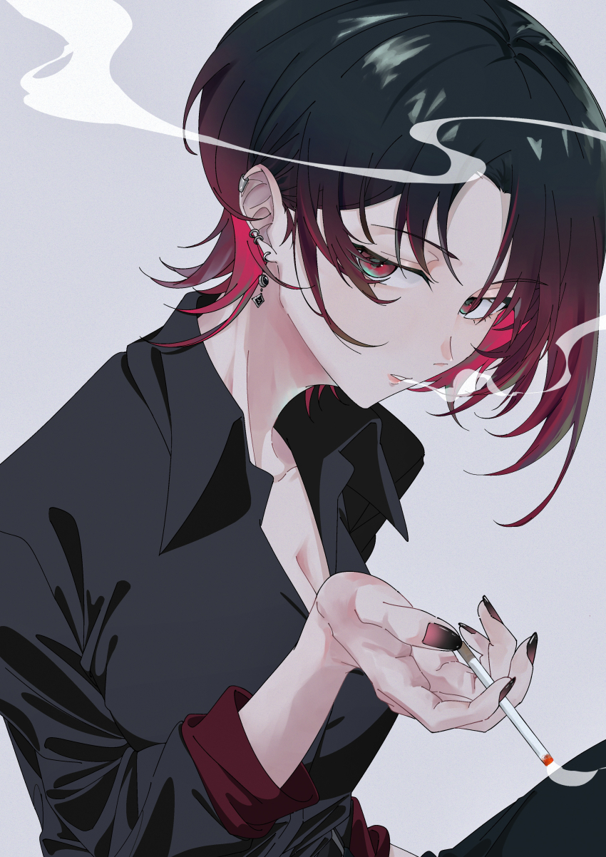 1girl, absurdres, black_hair, black_nails, black_pants, black_shirt, breasts, cigarette