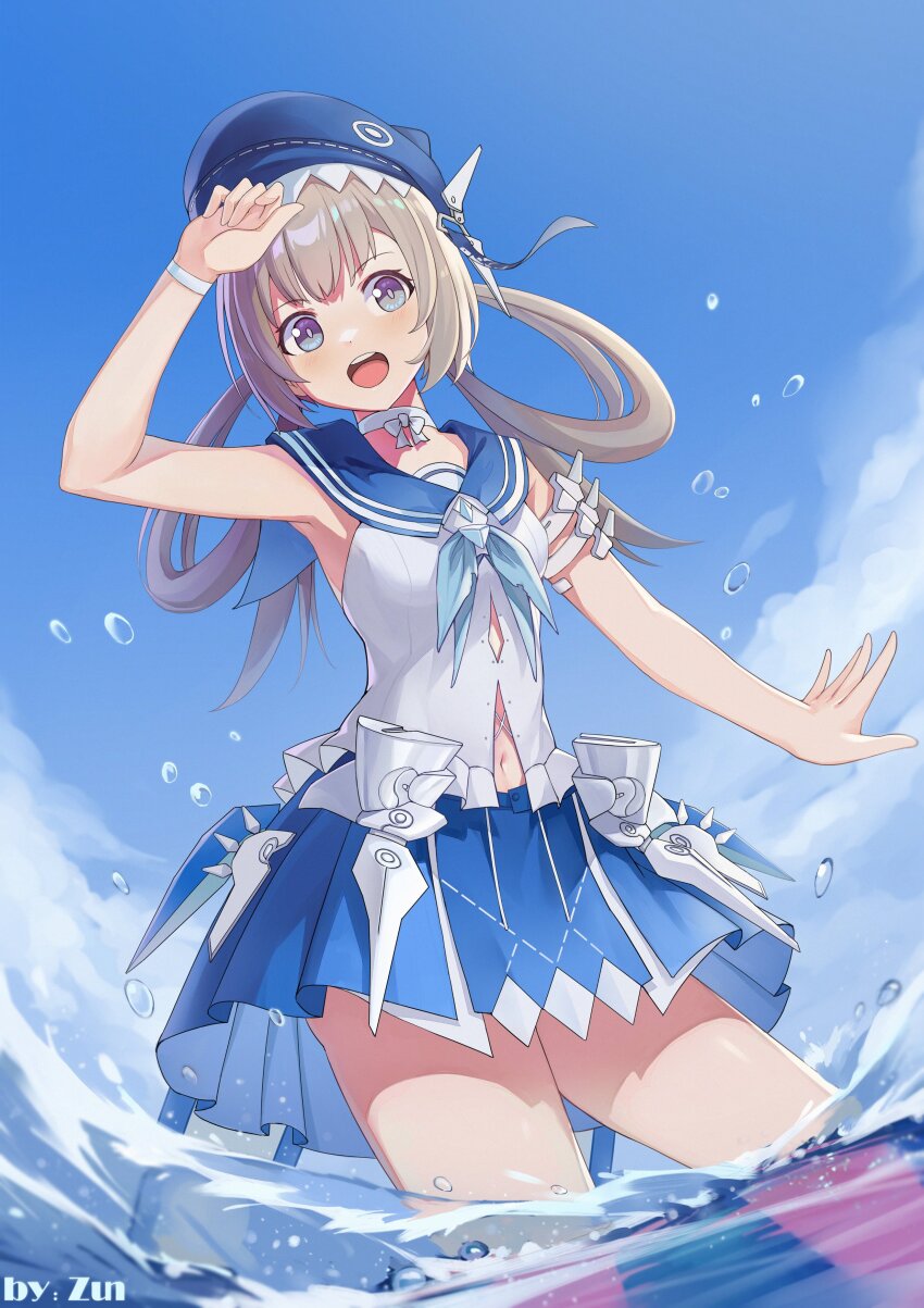 1girl, absurdres, alternate_hairstyle, artist_name, bare_legs, bare_shoulders, blue_headwear, blue_sailor_collar