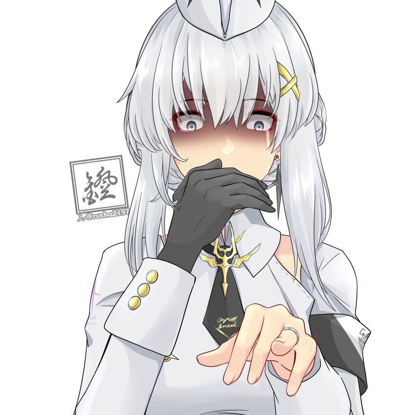 1girl, absurdres, armband, black_gloves, black_necktie, braid, commentary_request, crying