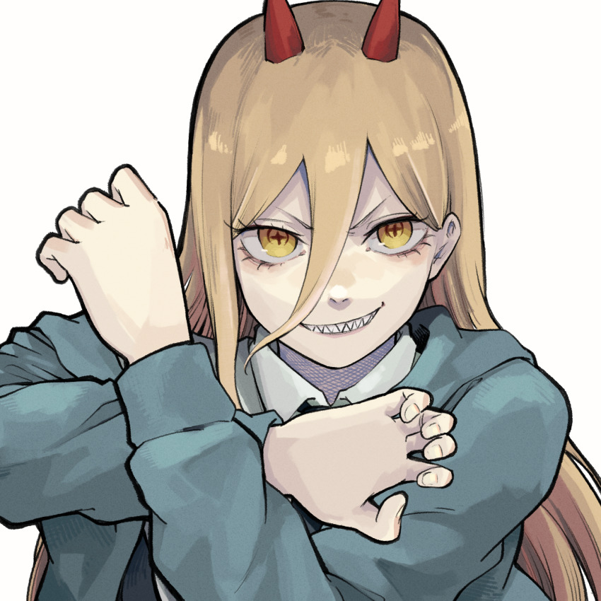 1girl, blonde_hair, chainsaw_man, closed_eyes, collared_shirt, cropped_torso, cross-shaped_pupils, demon_girl