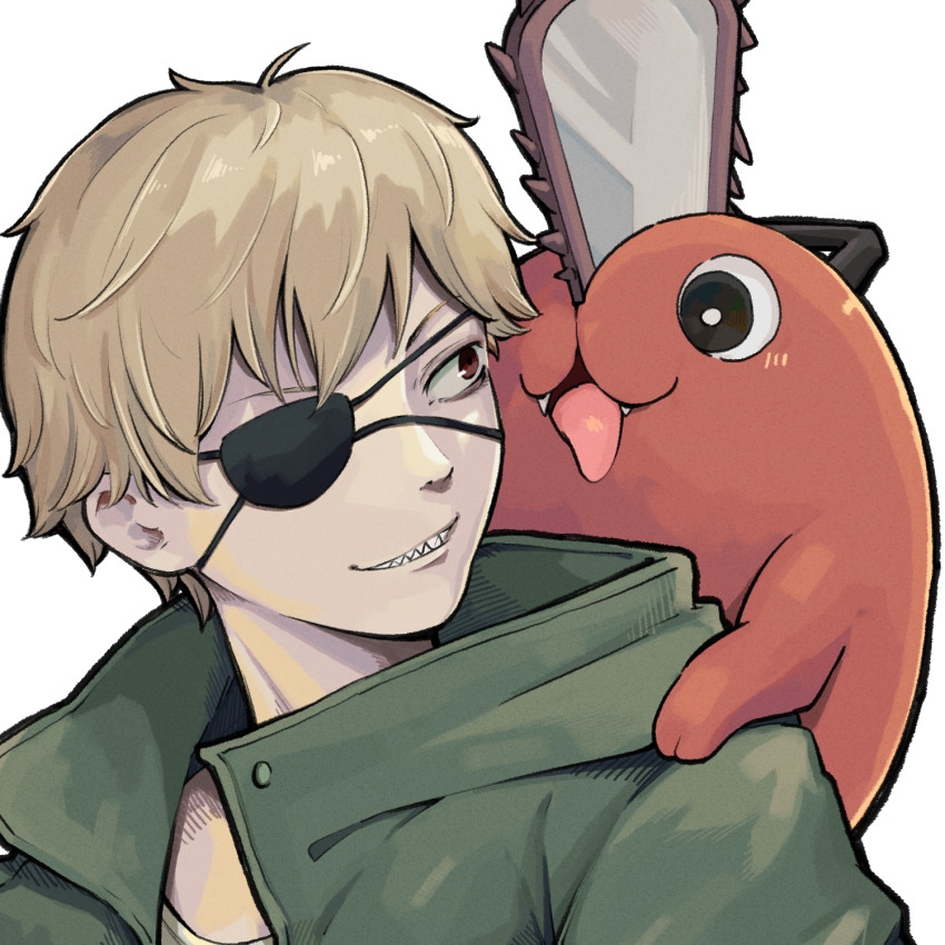 1boy, 1other, :p, blonde_hair, carrying, chainsaw, chainsaw_man, collared_shirt