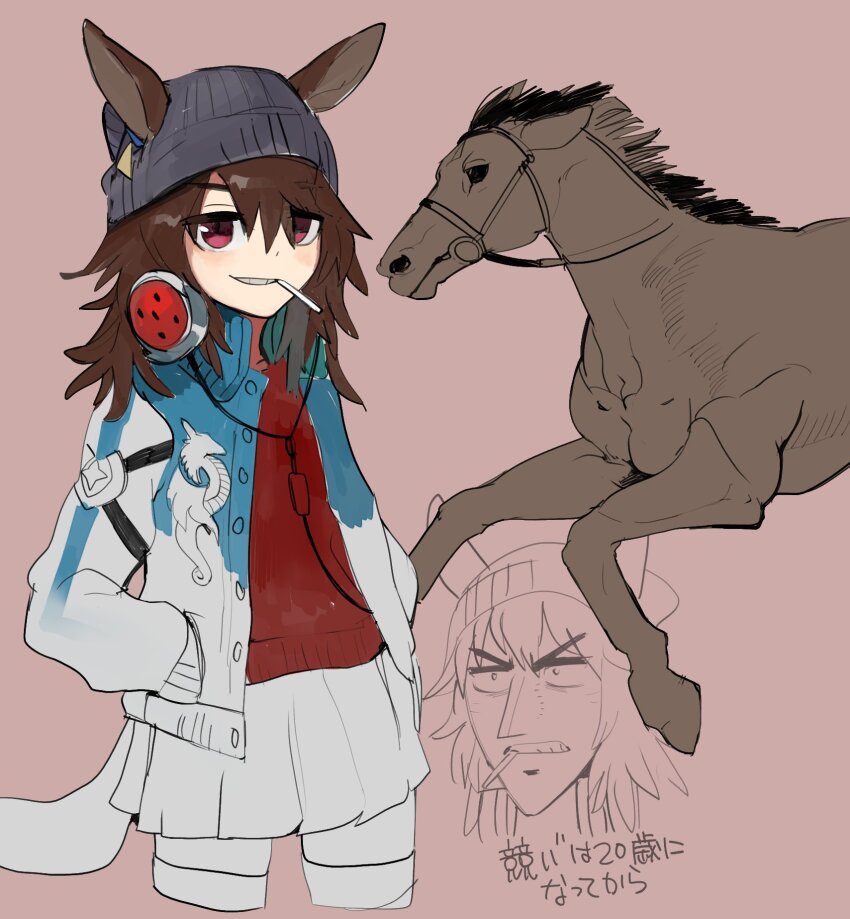 1girl, animal_ears, beanie, blue_jacket, brown_hair, cigarette, commentary_request, cowboy_shot, creature_and_personification, cropped_legs, ears_through_headwear, fukumoto_nobuyuki_(style), grey_headwear, grin, hair_between_eyes, hat, headphones, headphones_around_neck, highres, horse, horse_ears, horse_girl, jacket, tobaku_mokushiroku_kaiji, long_bangs, long_hair, looking_at_viewer, messy_hair, nakayama_festa_(racehorse), nakayama_festa_(umamusume), parody, partially_colored, personification, pink_background, raichiyo, real_life, red_eyes, simple_background, sketch, skirt, smile, smoking, style_parody, translation_request, umamusume, white_jacket, white_skirt