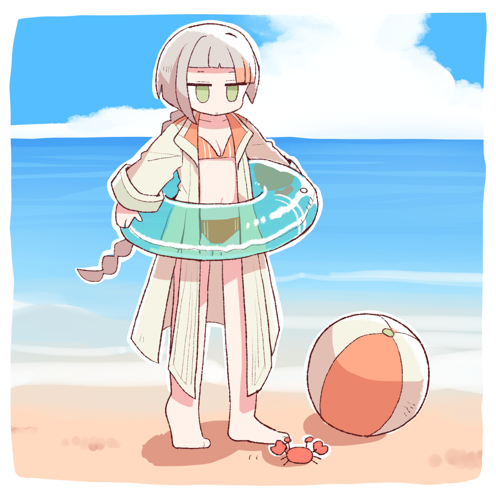 1girl, alternate_costume, ball, barefoot, beach, beachball, bikini, bikini_under_clothes