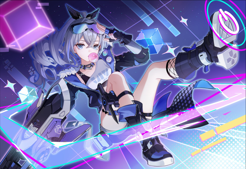 1girl, badge, blue_pupils, boots, breasts, button_badge, chewing_gum, choker