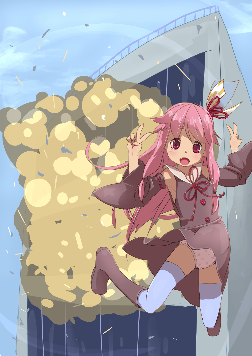 1girl, animal_print, black_boots, black_dress, black_sleeves, blue_sky, blue_thighhighs, blush, boots, building, clothes_lift, collared_dress, commentary_request, detached_sleeves, double_v, dress, dress_lift, explosion, fang, feet_up, floating_hair, gohan_sando, hair_ribbon, highres, hikimayu, jumping, knee_boots, kotonoha_akane, looking_at_viewer, low-tied_sidelocks, midair, neck_ribbon, niconico, niconico_headquarters_(harajuku), outdoors, panties, pantyshot, pink_hair, pink_panties, print_panties, rabbit_panties, rabbit_print, raised_eyebrows, red_eyes, red_ribbon, ribbon, sidelocks, sky, sleeveless, sleeveless_dress, solo, thighhighs, underwear, v, voiceroid, wide_sleeves, wind, wind_lift