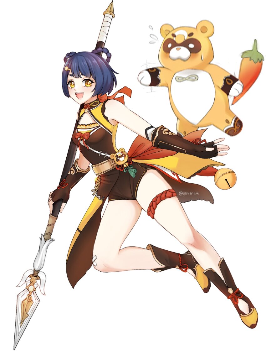 1girl, bell, blue_hair, braid, braided_hair_rings, breasts, chili_pepper, chinese_clothes