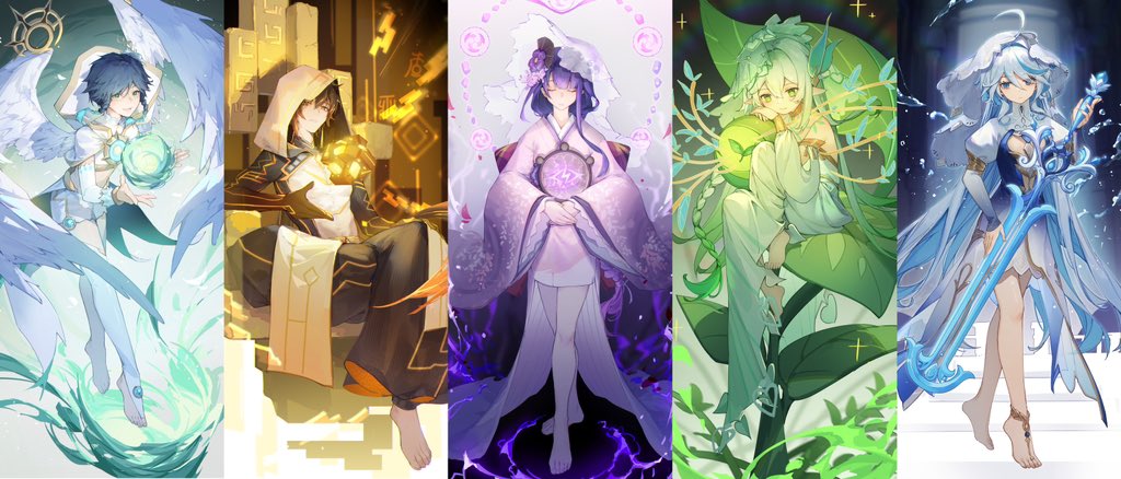 2boys, 3girls, ahoge, arabian_clothes, barefoot, brown_hair, chinese_clothes, closed_eyes