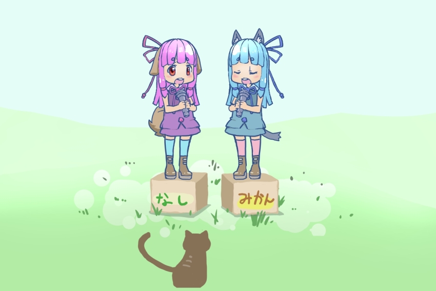 2girls, adapted_costume, animal_ears, blue_hair, blue_ribbon, blue_shirt, blue_skirt, blue_thighhighs, boots, box, brown_footwear, cardboard_box, cat, cat_ears, cat_tail, closed_eyes, collared_shirt, commentary, dog_ears, dog_tail, gohan_sando, grass, hair_ribbon, hikimayu, holding, holding_microphone, kemonomimi_mode, knee_boots, kotonoha_akane, kotonoha_aoi, long_hair, low-tied_sidelocks, microphone, multiple_girls, music, neck_ribbon, open_mouth, pink_hair, pink_ribbon, pink_thighhighs, purple_shirt, purple_skirt, red_eyes, ribbon, shirt, siblings, sidelocks, singing, sisters, skirt, sleeveless, sleeveless_shirt, standing_on_box, tail, thighhighs, translation_request, two-handed, voiceroid