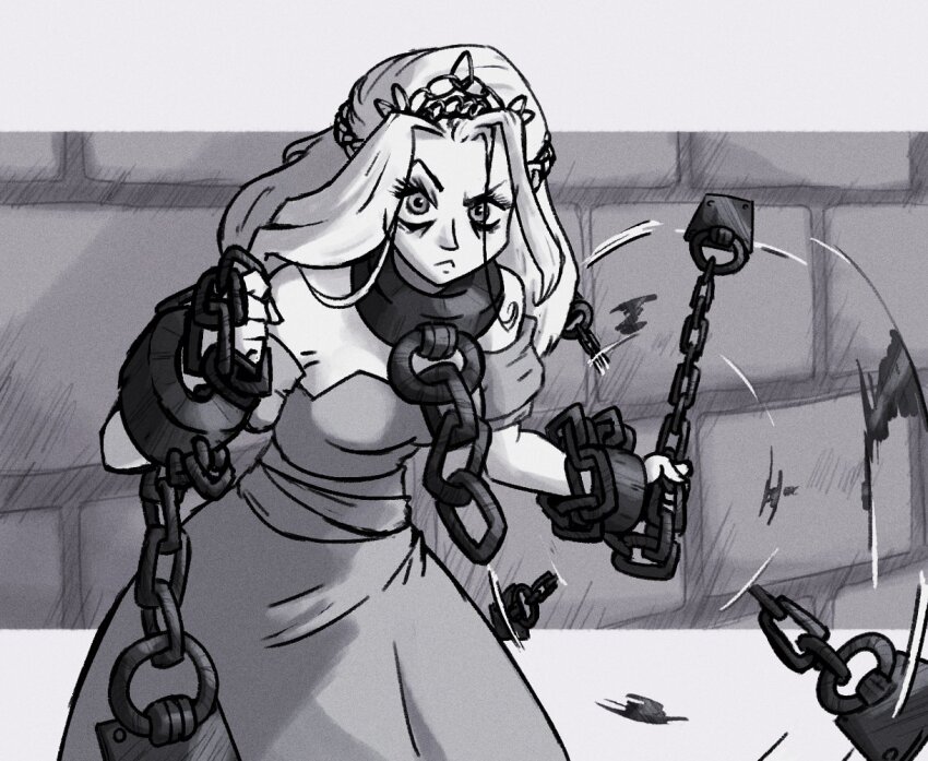 1girl, arms_up, bare_shoulders, breasts, chain, chain_around_arm, chain_around_neck, chain_leash, chained, closed_mouth, collar, commentary, crown, cuffs, dress, english_commentary, greyscale, leash, long_hair, looking_at_viewer, medium_breasts, monochrome, princess, princess_(slay_the_princess), serious, shackles, simple_background, slay_the_princess, solo, the_prisoner_(slay_the_princess), tiara, spinning_weapon, upper_body, weapon, wwwjam