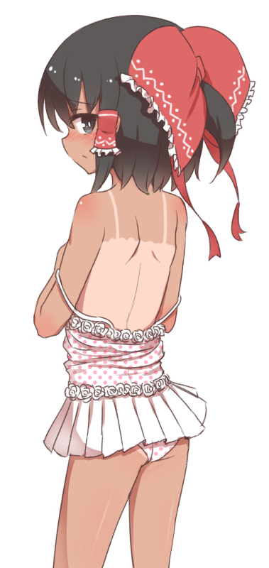 1girl, alternate_skin_color, black_eyes, black_hair, blush, bow, closed_mouth, cowboy_shot