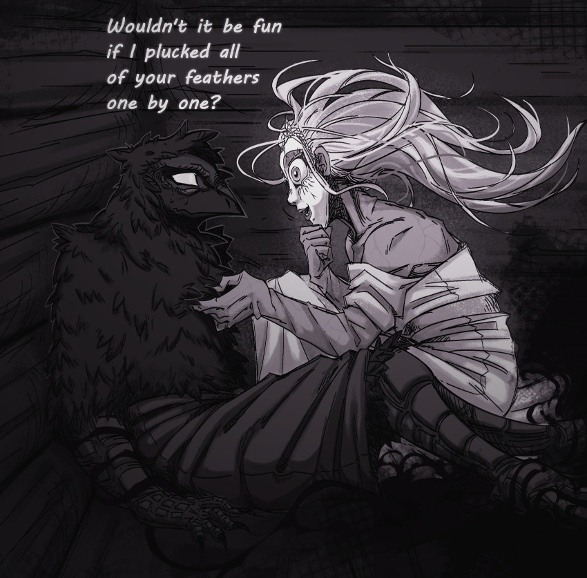 0xeyedaisy, 1boy, 1girl, against_wall, bare_shoulders, beak, bird_boy, broken