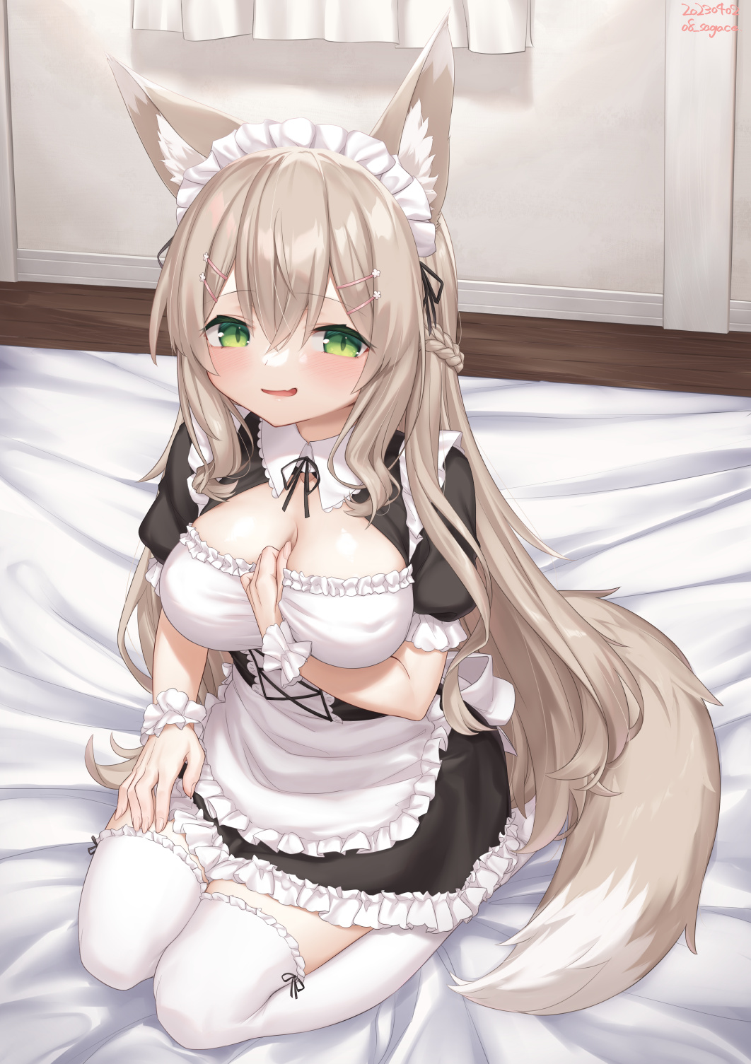 1girl, 2023, animal_ear_fluff, animal_ears, apron, aruma_(goma), between_breasts, black_dress