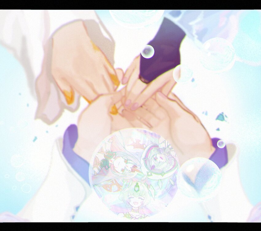 3girls, bubble, closed_eyes, d_kenpis, female_focus, fire_emblem, fire_emblem_heroes, gullveig_(fire_emblem), highres, holding_hands, hood, hoodie, kvasir_(fire_emblem), long_hair, multiple_girls, nintendo, reflection, seidr_(fire_emblem), short_hair, smile, tagme