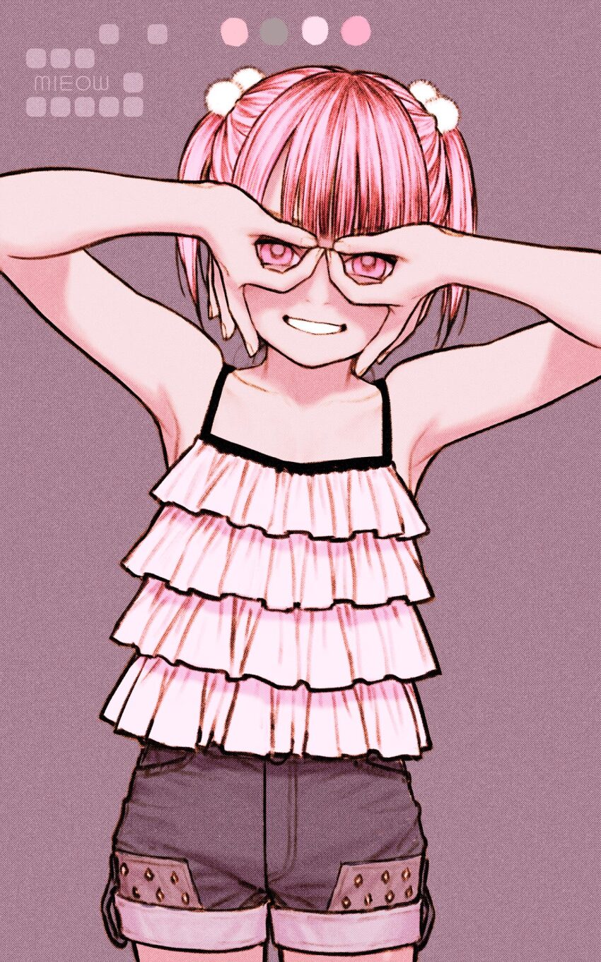 1girl, armpits, arms_up, bare_arms, bare_shoulders, camisole, circle_name, color_guide, cowboy_shot, fingernails, flat_chest, frills, grin, hair_bobbles, hair_ornament, halftone, hand_glasses, highres, looking_at_viewer, original, pink_eyes, pink_hair, rustle, short_hair, short_shorts, short_twintails, shorts, simple_background, smile, solo, spaghetti_strap, standing, twintails