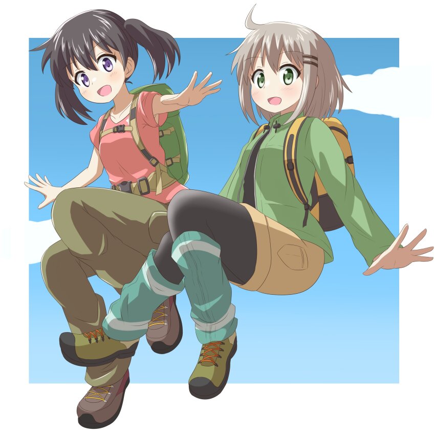 2girls, absurdres, backpack, bag, black_hair, black_pantyhose, black_shirt, blue_leg_warmers