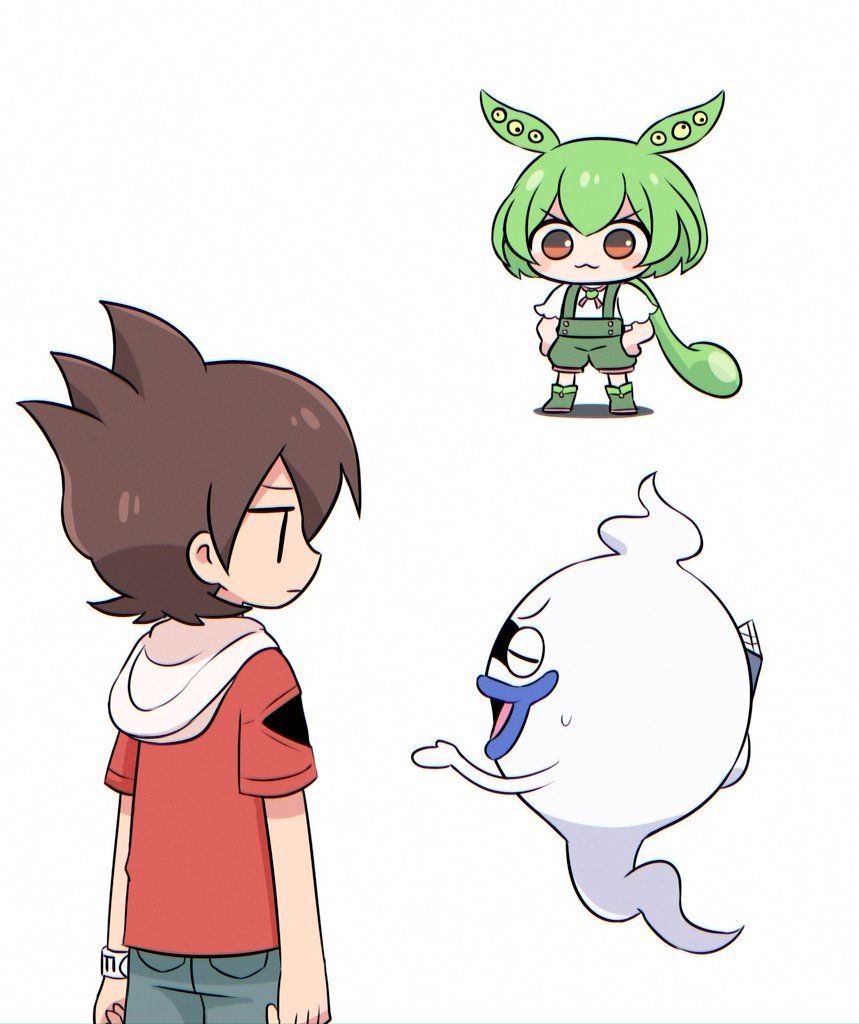 1boy, 1girl, :3, amano_keita, blush, brown_eyes, brown_hair, closed_eyes, closed_mouth, commentary_request, crossover, full_body, ghost, green_footwear, green_hair, green_shorts, hair_between_eyes, hands_on_own_hips, hood, hood_down, koko_ue, long_hair, looking_at_another, looking_at_viewer, low_ponytail, open_mouth, ponytail, puffy_short_sleeves, puffy_shorts, puffy_sleeves, red_shirt, shirt, shoes, short_hair, short_sleeves, shorts, simple_background, smile, standing, suspender_shorts, suspenders, sweatdrop, traditional_youkai, voicevox, whisper_(youkai_watch), white_background, white_shirt, youkai_watch, zundamon