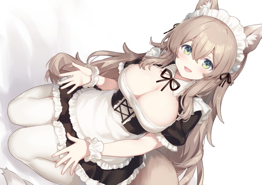 1girl, :d, absurdres, animal_ear_fluff, animal_ears, apron, aruma_(goma), black_dress