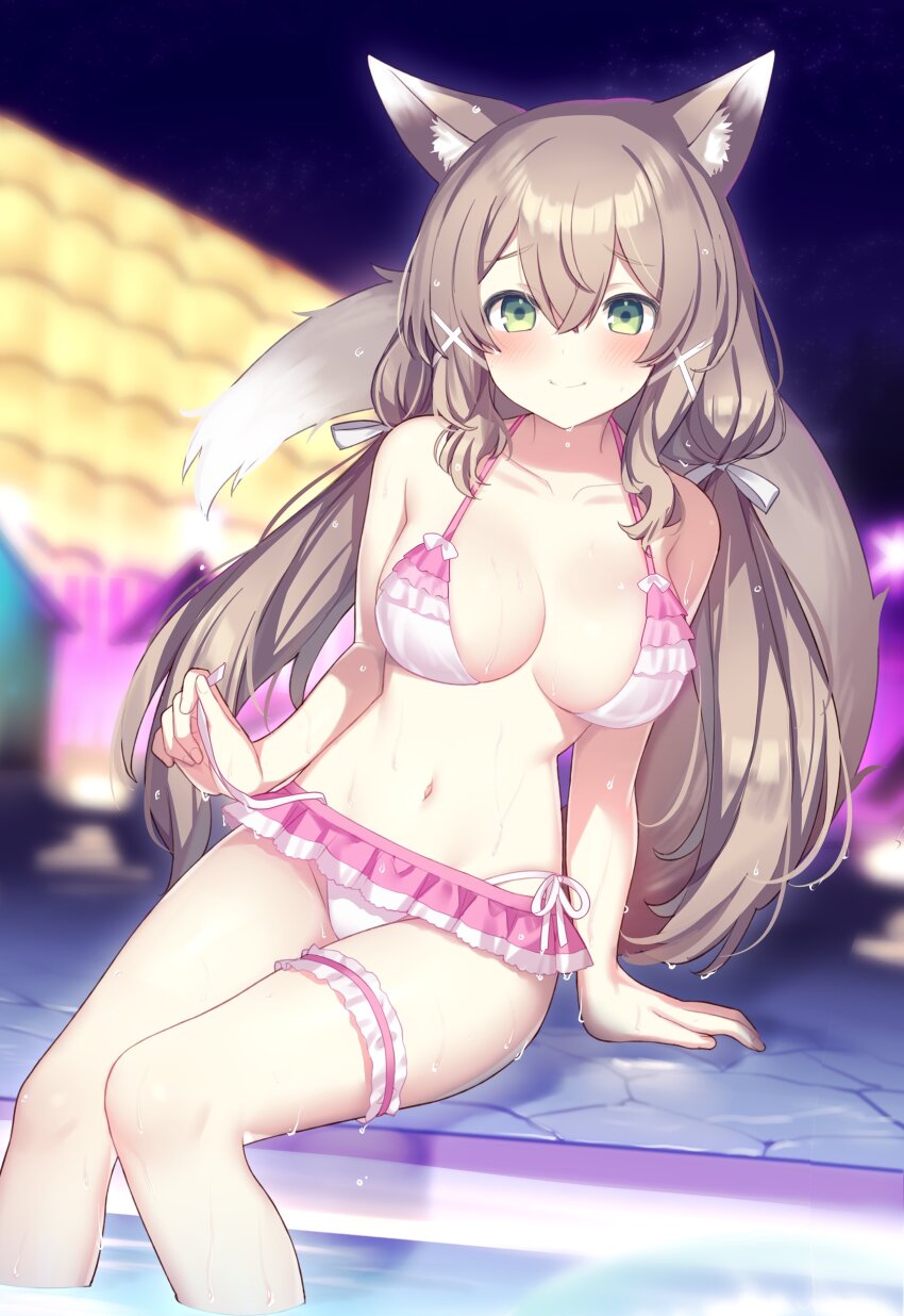 1girl, absurdres, animal_ear_fluff, animal_ears, arm_support, aruma_(goma), bikini, blurry