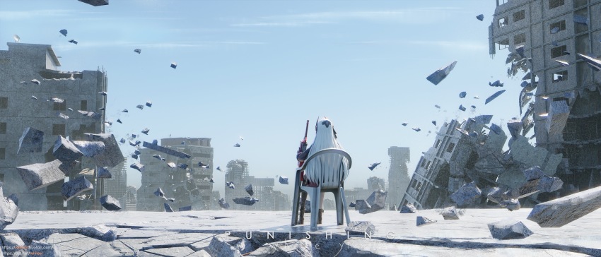 1girl, 3d, alpha:_crimson_abyss_(pgr), alpha_(pgr), ankle_boots, asymmetrical_legwear, bandaged_leg, bandages, black_boots, blue_sky, boots, chair, city, cityscape, cloud, copyright_name, cosplay, day, debris, devil_may_cry_(series), devil_may_cry_5, floating, floating_object, from_behind, full_body, hair_ornament, headgear, highres, holding, holding_sheath, holding_weapon, long_hair, meme, monobloc_(chair), on_chair, punishing:_gray_raven, rebar, ruins, sheath, sheathed, signature, sitting, sky, solo, straight_hair, vergil's_chair_(meme), vergil_(devil_may_cry), vergil_(devil_may_cry)_(cosplay), weapon, white_hair, yibai