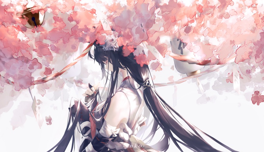 1girl, absurdres, anko_(renzao19823), artist_name, back_cutout, back_peek, bandaged_arm, bandages, bare_shoulders, bell, black_gloves, black_hair, breasts, brushing_hair, calligraphy, cherry_blossoms, closed_eyes, clothing_cutout, comb, commentary_request, cross-laced_clothes, cross-laced_gloves, elbow_gloves, facing_down, flower, from_side, gloves, hair_in_own_mouth, hannya, highres, japanese_clothes, kimono, lantern, long_hair, low-tied_long_hair, mask, mask_on_head, medium_breasts, noh_mask, nontraditional_miko, obi, official_alternate_costume, paper_lantern, pink_flower, punishing:_gray_raven, rope, sash, selena:_capriccio_(pgr), selena:_capriccio_(vox_solaris)_(pgr), selena_(pgr), sidelocks, sleeveless, solo, unworn_mask, upper_body, very_long_hair, white_kimono