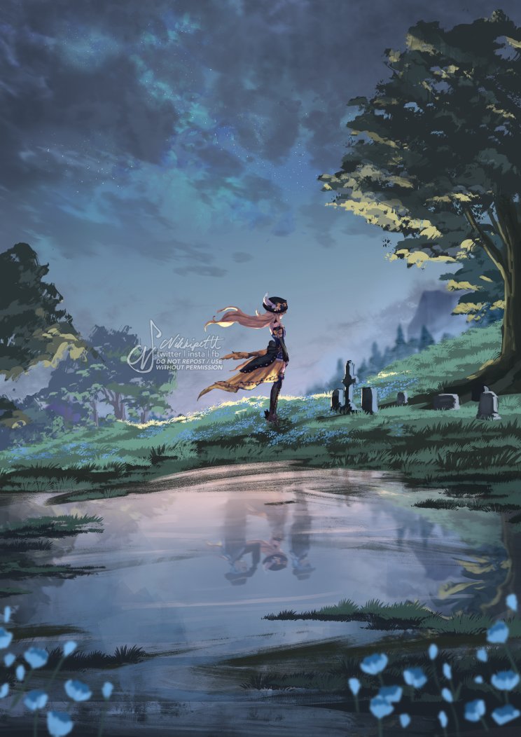 1girl, 2boys, black_headwear, blonde_hair, cloud, dress, flower, from_side