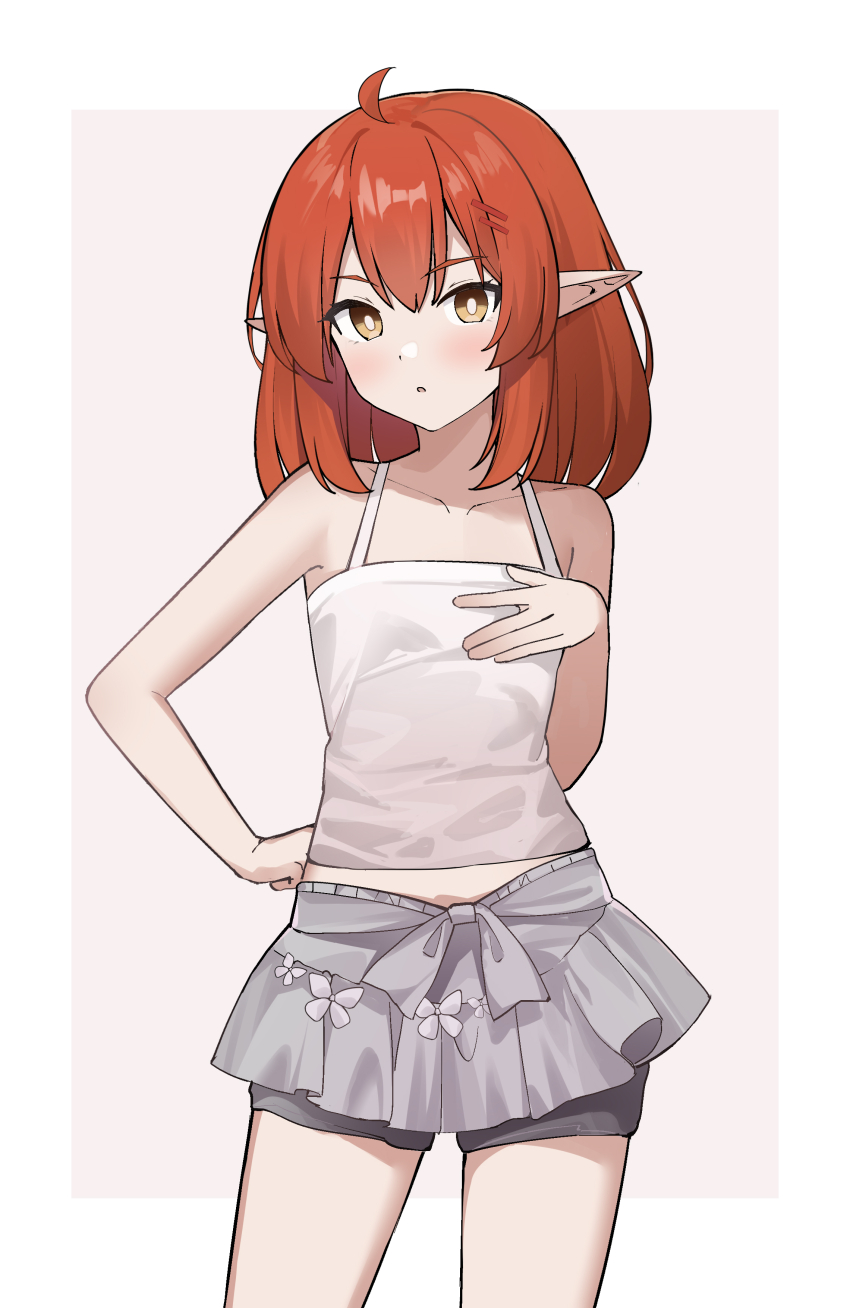 1girl, :o, absurdres, ahoge, bare_arms, bare_shoulders, brown_eyes, camisole