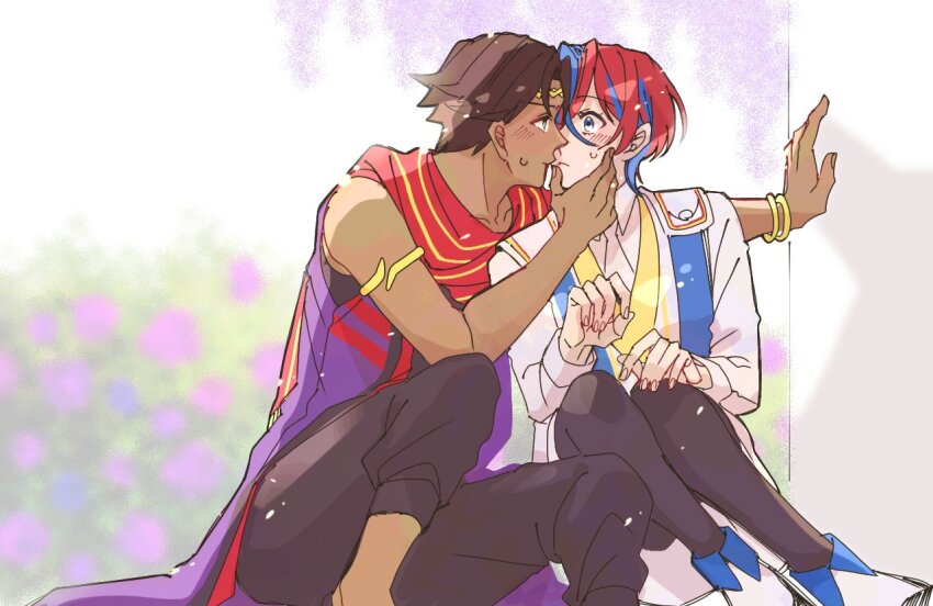 2boys, blue_eyes, blue_hair, blush, bracelet, brown_hair, circlet, dark-skinned_male