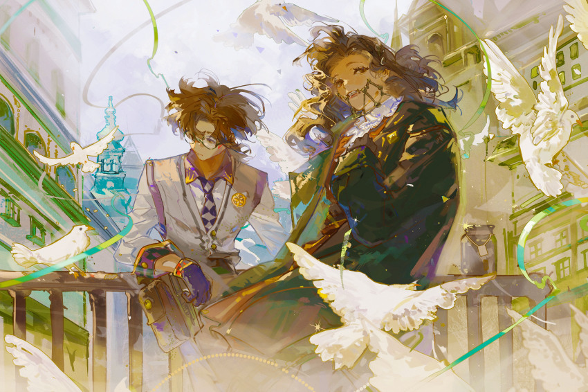 1boy, 1girl, absurdres, badge, belt_pouch, bird, black_gloves, braces