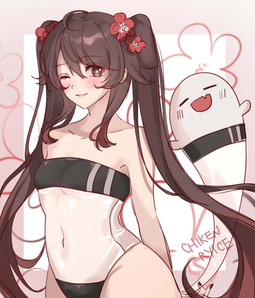 1girl, alternate_costume, artist_name, blush, boo_tao_(genshin_impact), breasts, brown_eyes, brown_hair, chikenryice, closed_mouth, flower, flower-shaped_pupils, genshin_impact, gris_swimsuit, hair_between_eyes, hair_flower, hair_ornament, highleg, highleg_one-piece_swimsuit, highres, hu_tao_(genshin_impact), long_hair, looking_at_viewer, navel, one-piece_swimsuit, see-through_clothes, see-through_one-piece_swimsuit, see-through_swimsuit, small_breasts, smile, stomach, strapless, strapless_one-piece_swimsuit, swimsuit, symbol-shaped_pupils, twintails