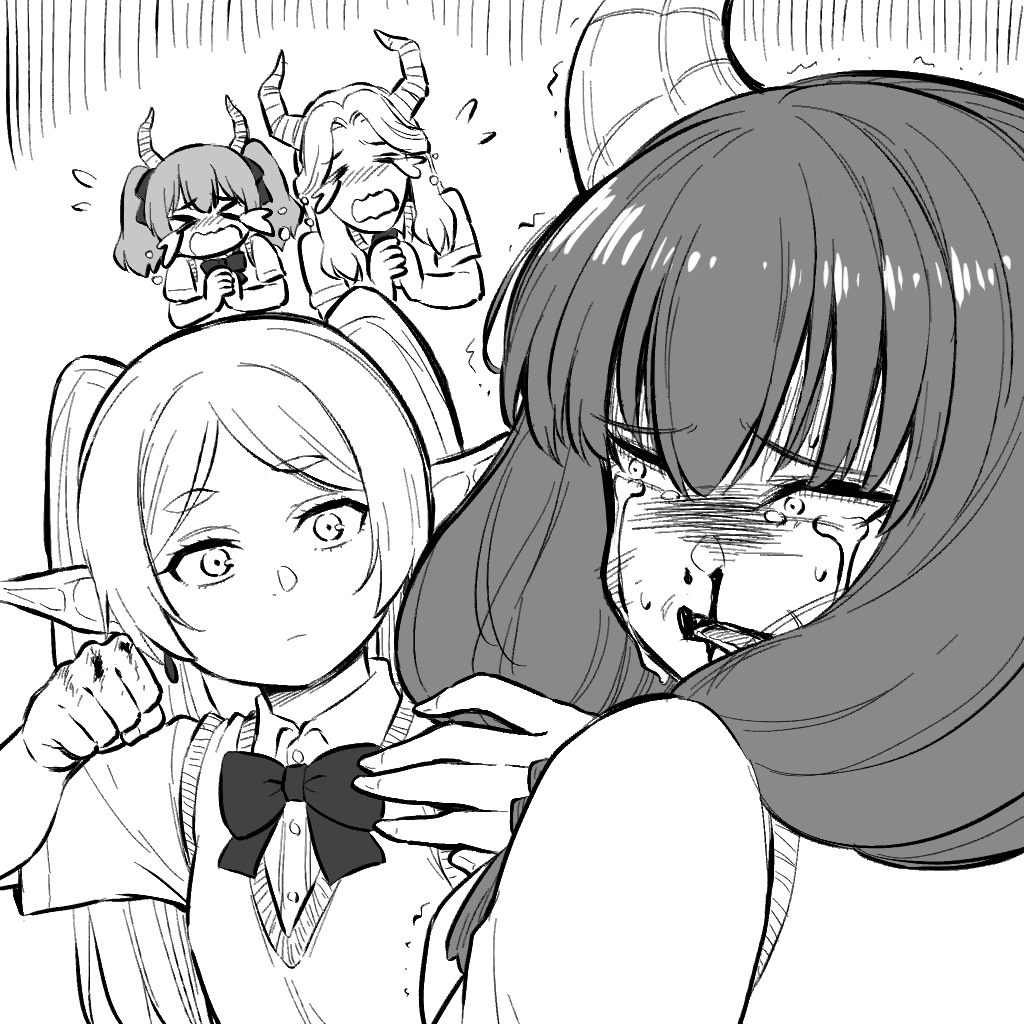>_<, 1boy, 3girls, alternate_costume, aura_(sousou_no_frieren), blood, blood_on_hands, bow, bowtie, cardigan_vest, clenched_hand, closed_eyes, closed_mouth, collared_shirt, commentary, crying, demon_boy, demon_girl, demon_horns, elf, frieren, greyscale, horns, linie_(sousou_no_frieren), long_hair, looking_at_another, lugner_(sousou_no_frieren), max_manster, medium_hair, monochrome, multiple_girls, nosebleed, open_mouth, parted_bangs, pointy_ears, school_uniform, shirt, short_eyebrows, short_sleeves, sousou_no_frieren, streaming_tears, tears, thick_eyebrows, twintails, upper_body