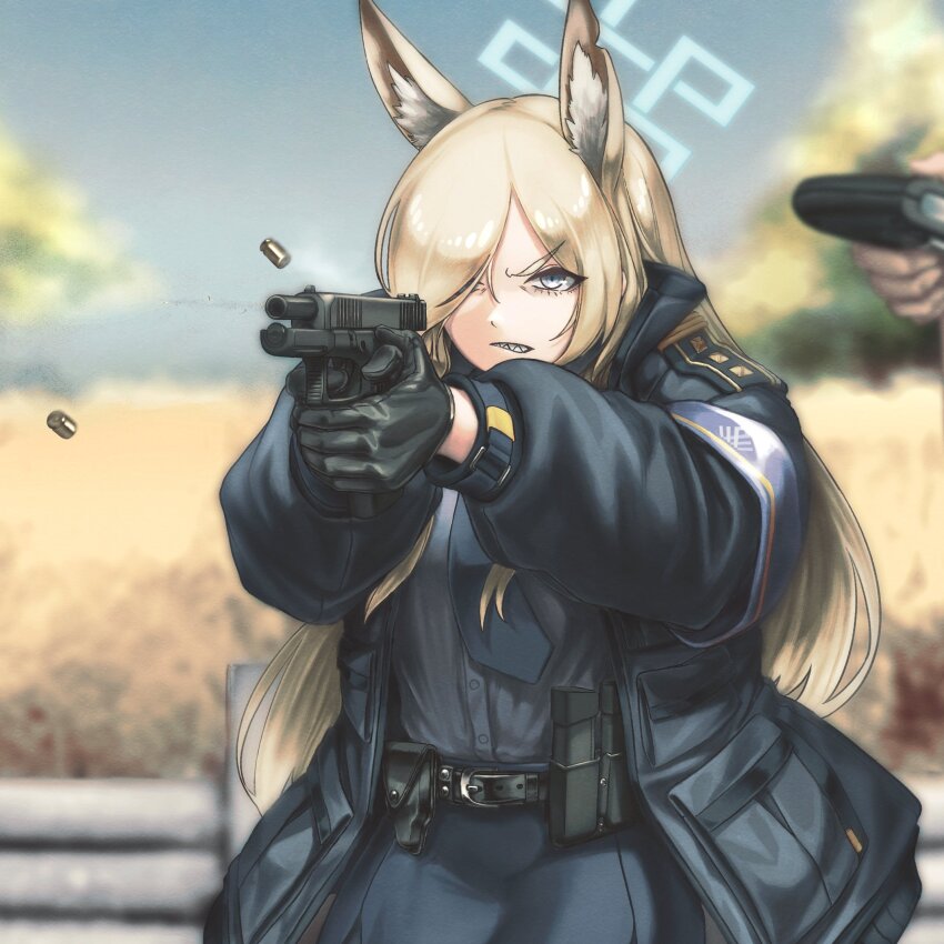 1girl, 1other, aiming, ambiguous_gender, ammunition_pouch, animal_ears, armband, belt, black_belt, black_gloves, black_jacket, blonde_hair, blue_archive, blue_armband, blue_eyes, blue_halo, blue_jacket, blue_necktie, blue_skirt, blue_sky, blurry, blurry_background, breasts, commentary_request, cowboy_shot, dog_ears, finger_on_trigger, firing, glock, gloves, grey_eyes, grimace, gun, hair_over_one_eye, halo, handgun, high_collar, highres, holding, holding_gun, holding_weapon, jacket, kanna_(blue_archive), large_breasts, leather, leather_gloves, long_hair, long_sleeves, magazine_(weapon), massabou2, necktie, one_eye_covered, open_mouth, out_of_frame, outdoors, parted_lips, police, police_uniform, pouch, sharp_teeth, shell_casing, shirt_tucked_in, skirt, sky, solo_focus, teeth, two-handed, two-handed_handgun_grip, upper_body, v-shaped_eyebrows, weapon