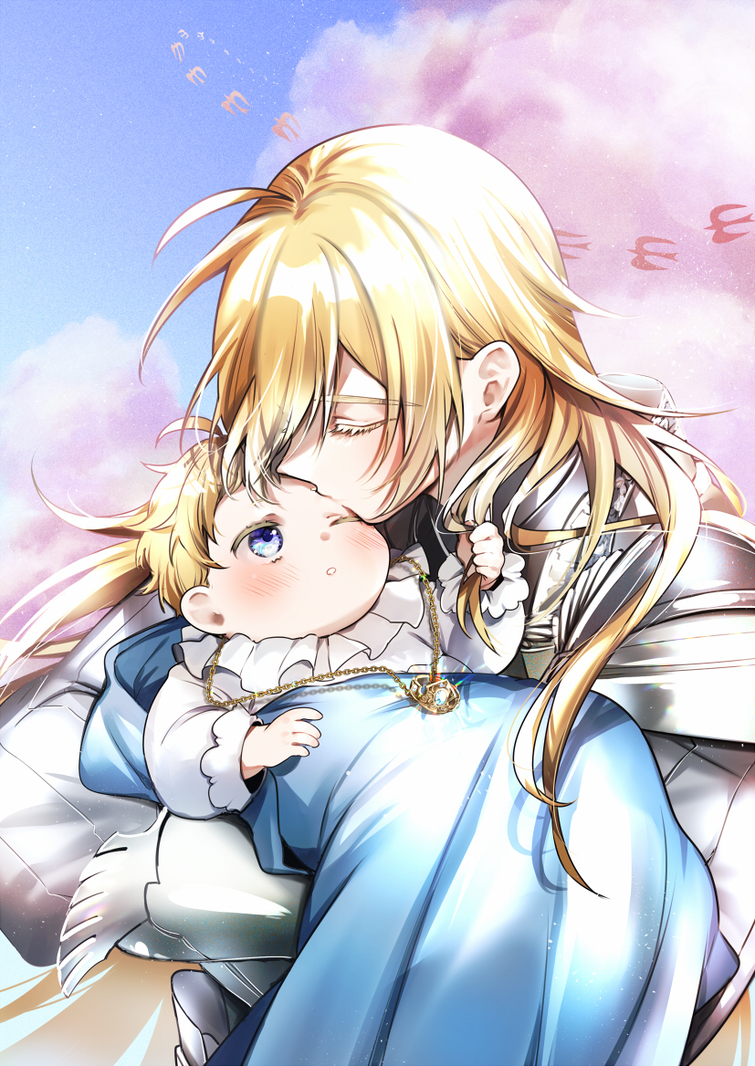 2boys, :o, armor, baby, blanket, blonde_hair, blue_eyes, blue_sky
