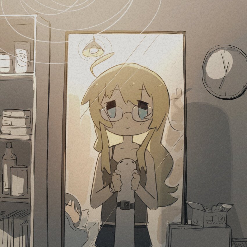 1other, 2girls, ahoge, alternate_costume, alternate_hairstyle, black_hair, blonde_hair, blue_eyes