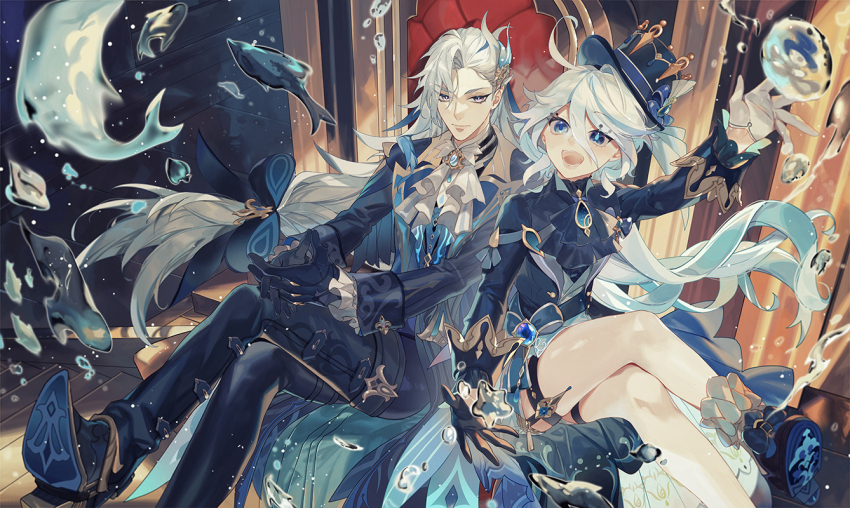 1boy, 1girl, :d, ascot, asymmetrical_bangs, asymmetrical_gloves, ayu_(auko2010), black_ascot