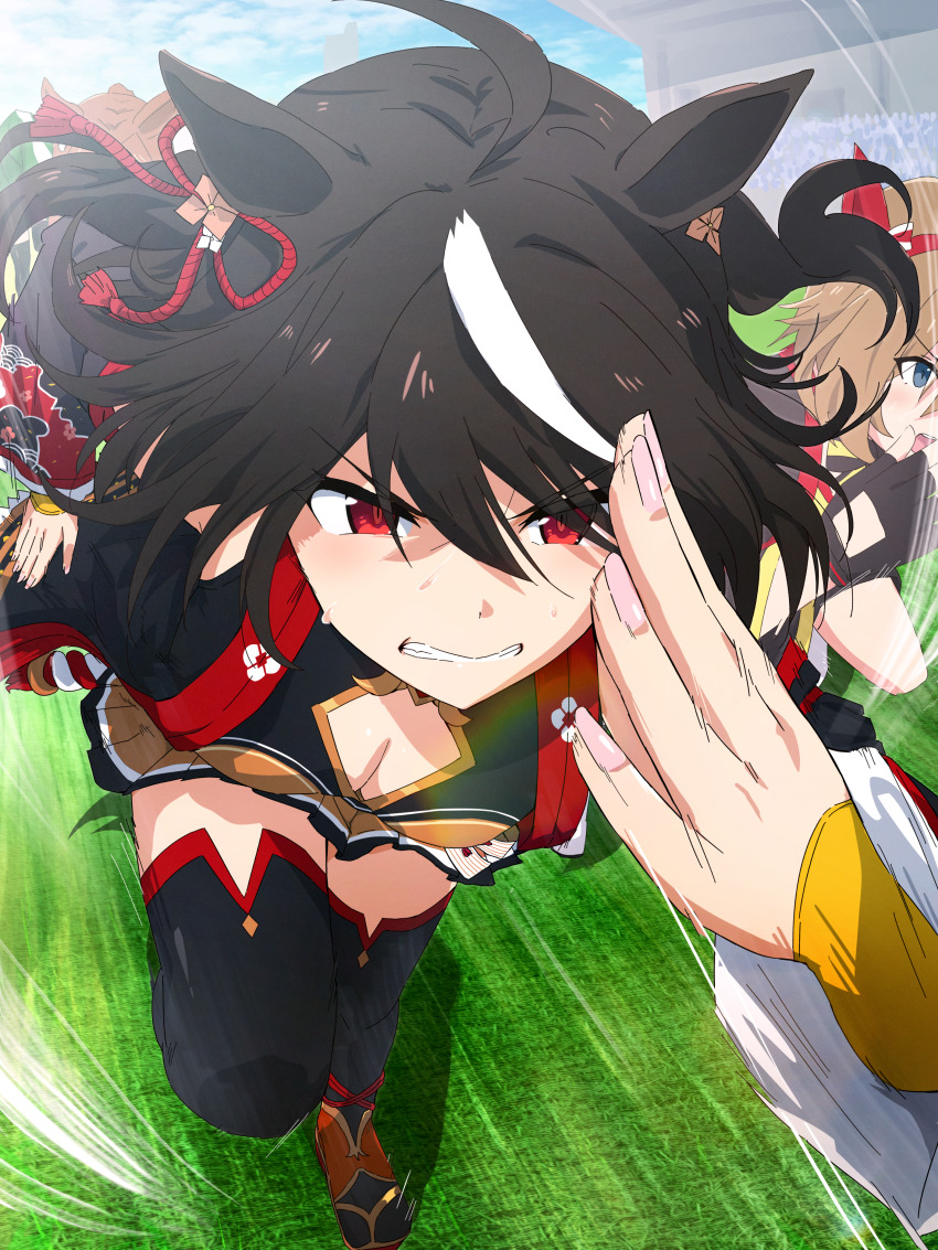 2girls, absurdres, animal_ears, black_thighhighs, breasts, cleavage, cleavage_cutout, clenched_teeth, clothing_cutout, commentary, genjitsu_steel_(umamusume), highres, horse_ears, horse_girl, japanese_clothes, kitasan_black_(umamusume), md5_mismatch, medium_breasts, miniskirt, misaki_nonaka, motion_lines, multicolored_hair, multiple_girls, outdoors, pleated_skirt, red_eyes, resolution_mismatch, running, skirt, source_larger, speed_lines, teeth, thighhighs, two-tone_hair, umamusume, yellow_skirt