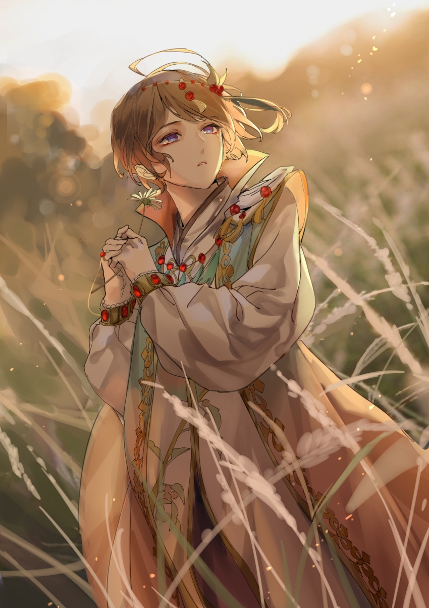 1boy, absurdres, ahoge, aqua_coat, arabian_clothes, blurry, blurry_background, brown_hair