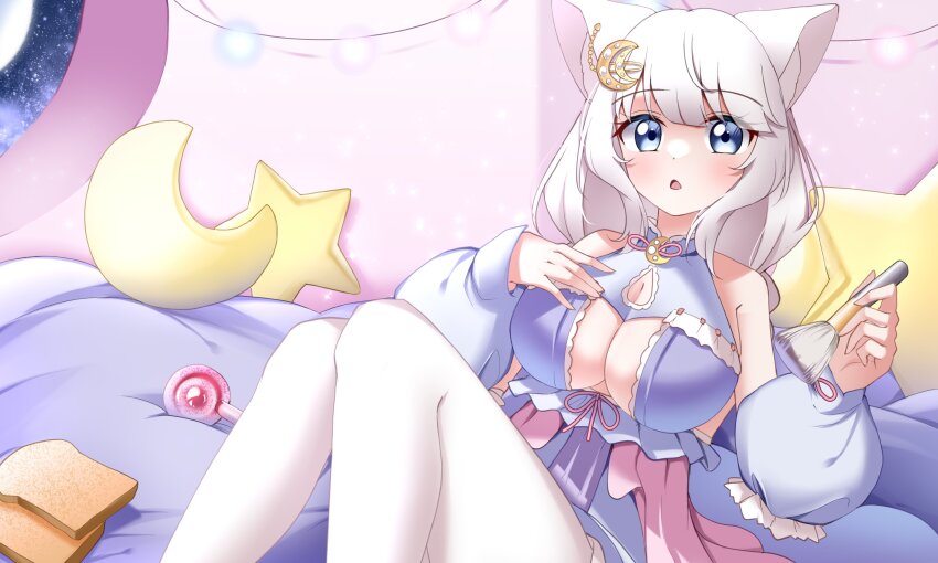 1girl, absurdres, animal_ear_fluff, animal_ears, bare_shoulders, bread, breasts, cleavage