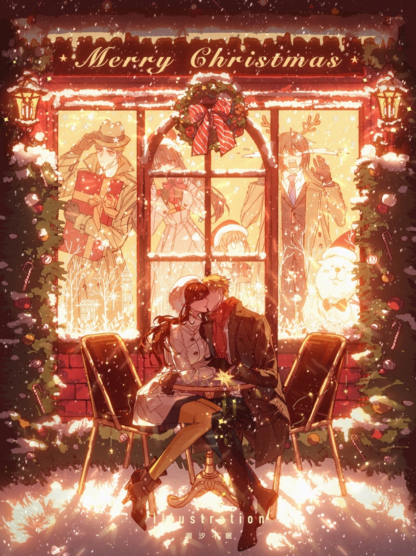 1boy, antlers, anya_(spy_x_family), black_hair, blonde_hair, blush, bond_(spy_x_family), breasts